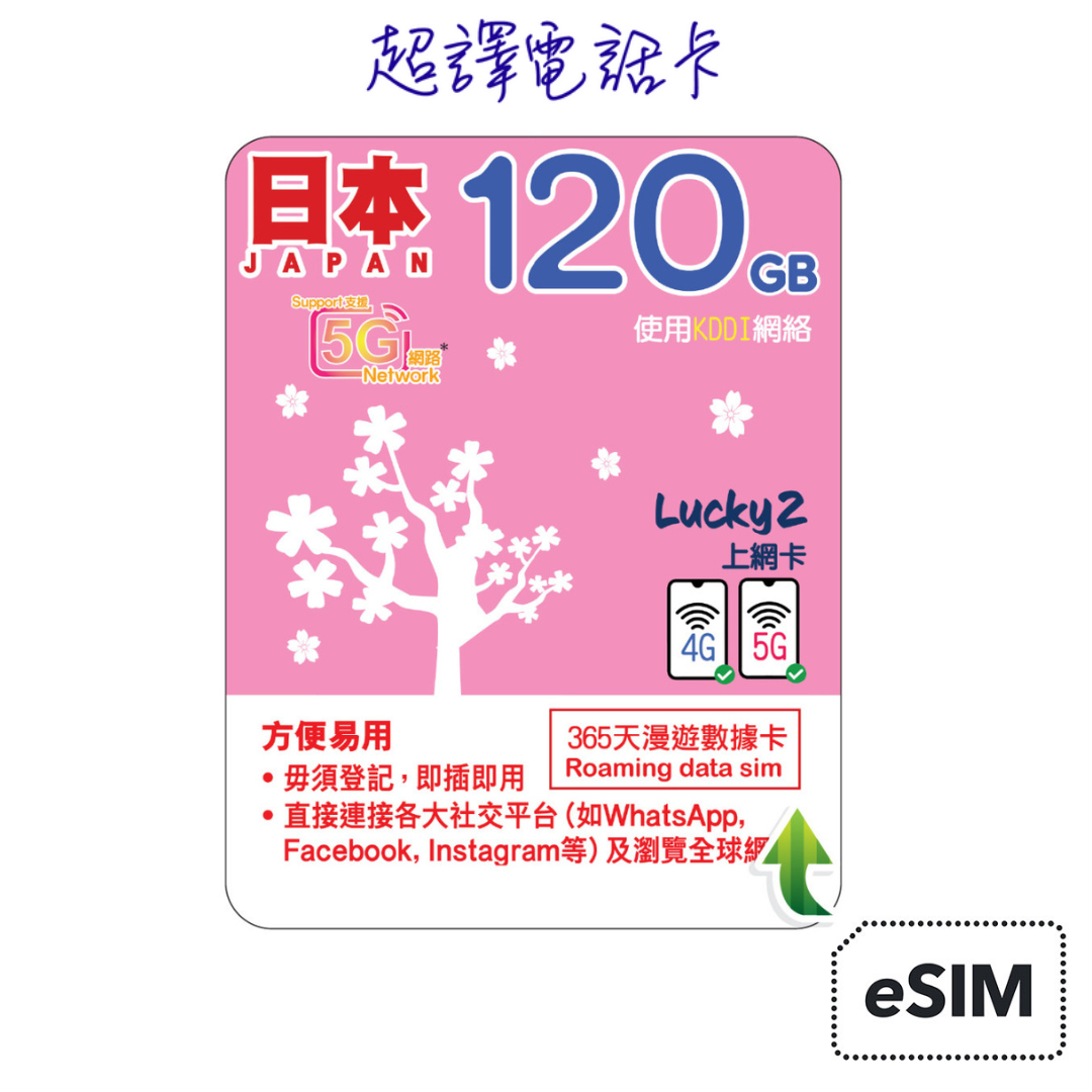 Lucky2 100GB 【日本 】365日 KDDI 純數據 漫遊年卡 (只限eSIM)