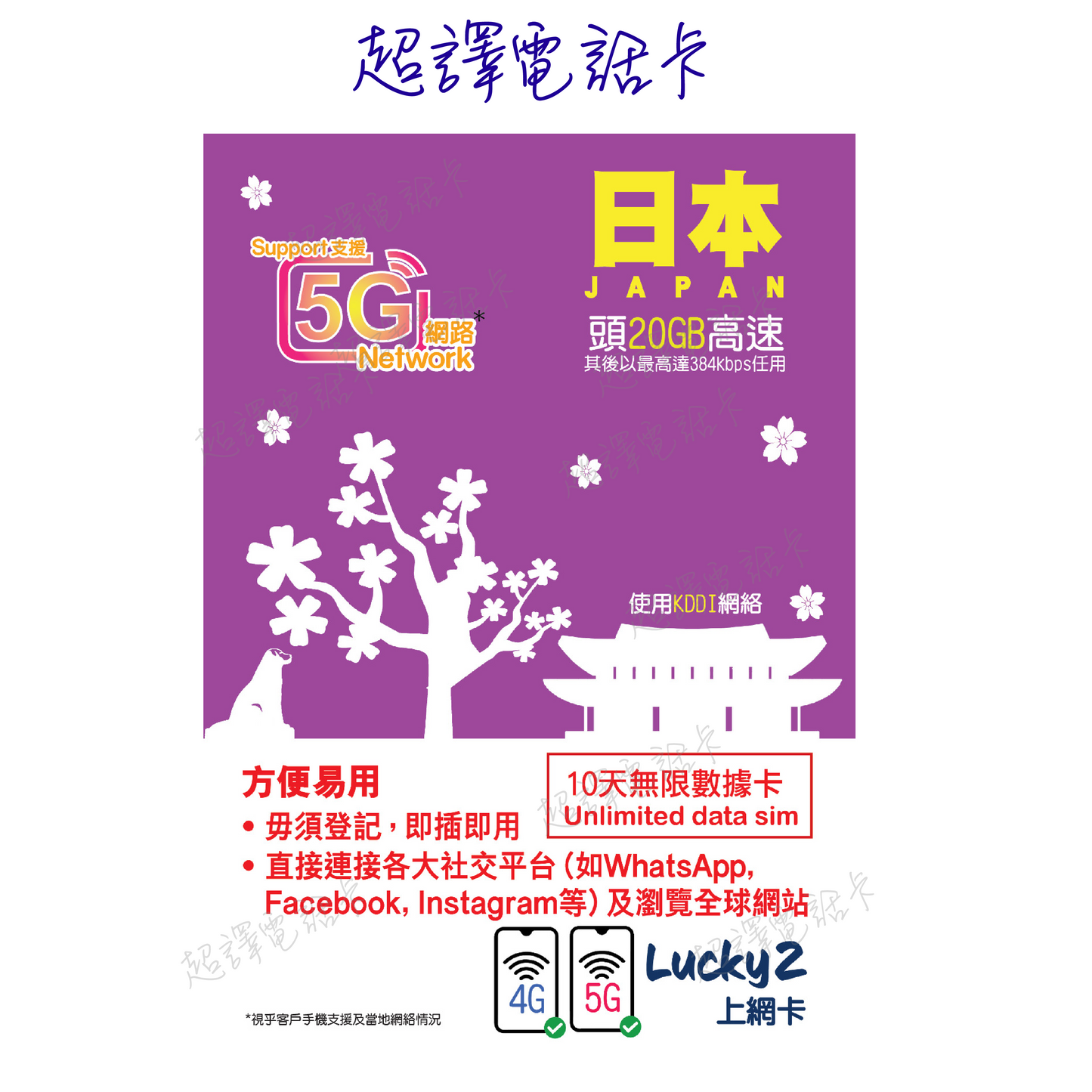 Lucky2【日本】5G/4G 5/8/10日 KDDI 高用量 FUP 無限數據卡 可選擇eSIM