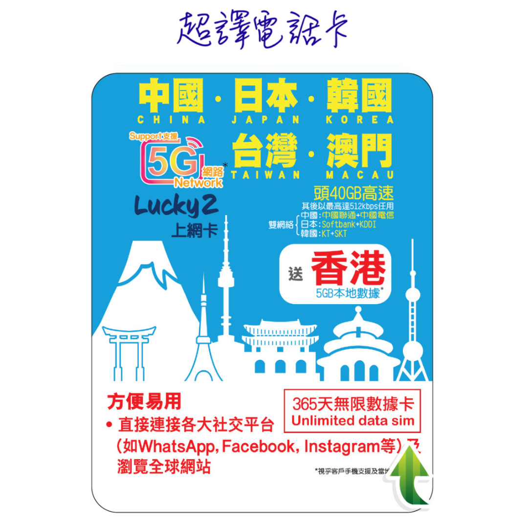 Lucky2【中國 日本 韓國 台灣 澳門】首30GB升級為40GB高速(2026年4月2日起) 中日韓台澳 365日 5G/4G 無限漫數據遊數據卡 送香港5GB