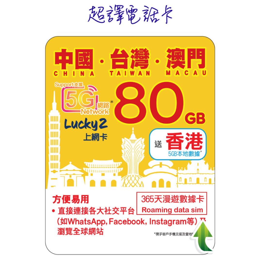 Lucky2 80GB 【中國 台灣 澳門 】中台澳 365日 LTE 純數據 漫遊年卡 送香港5GB (只限eSIM)