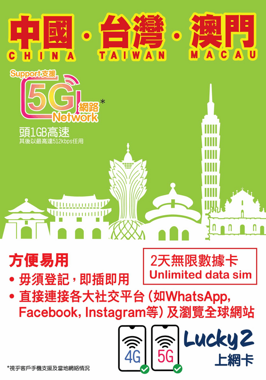 Lucky2【中國 台灣 澳門 】中台澳 2日 5G/4G 純數據 無限 漫遊數據卡
