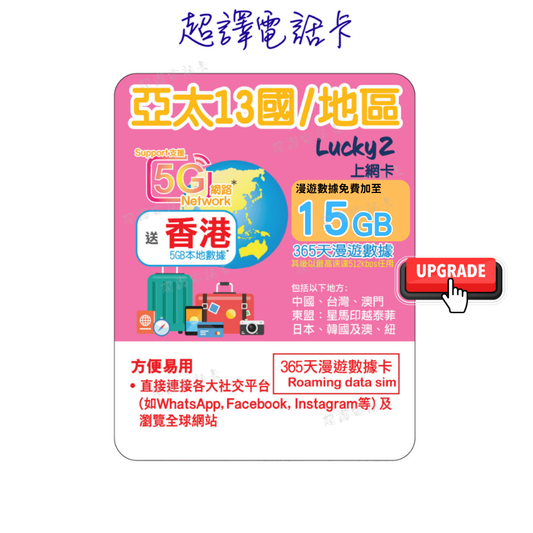 Lucky2【13國/地區】365日 升級15GB漫遊 5G/4G 無限漫遊數據年卡 送香港5GB (可選擇eSIM)｜SoftBank·KDDI·CTM等網絡（主圖）