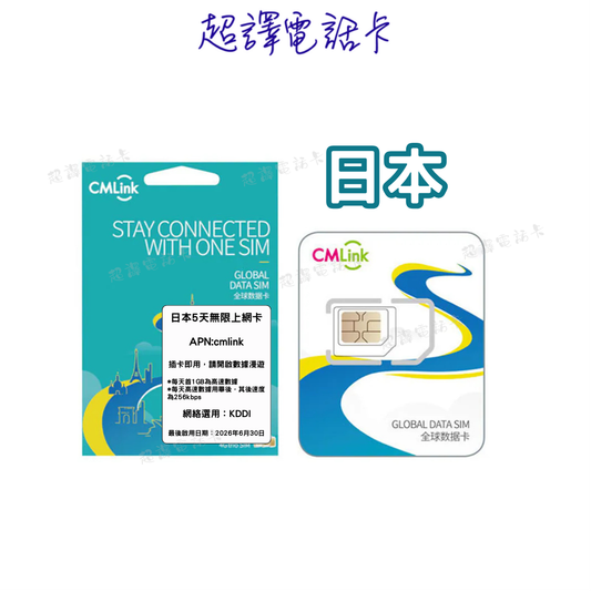 CMLink 4G/5G 【日本】5日 每日1GB 無限數據卡