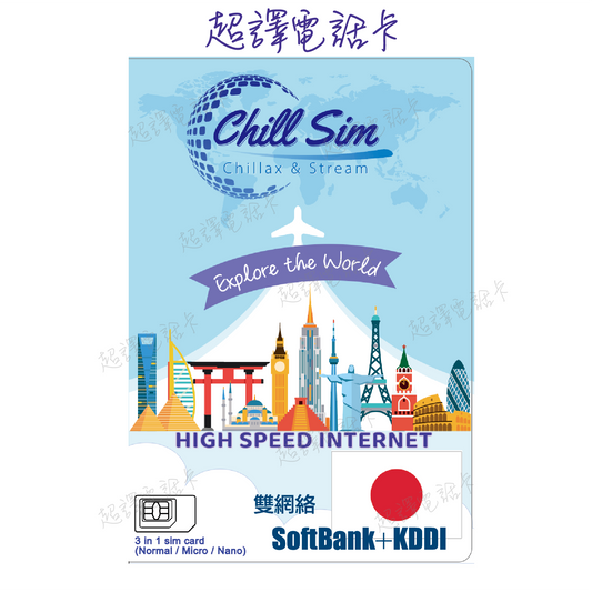 Chill Sim【日本】雙網絡 SoftBank+KDDI 4G/5G 無限上網卡