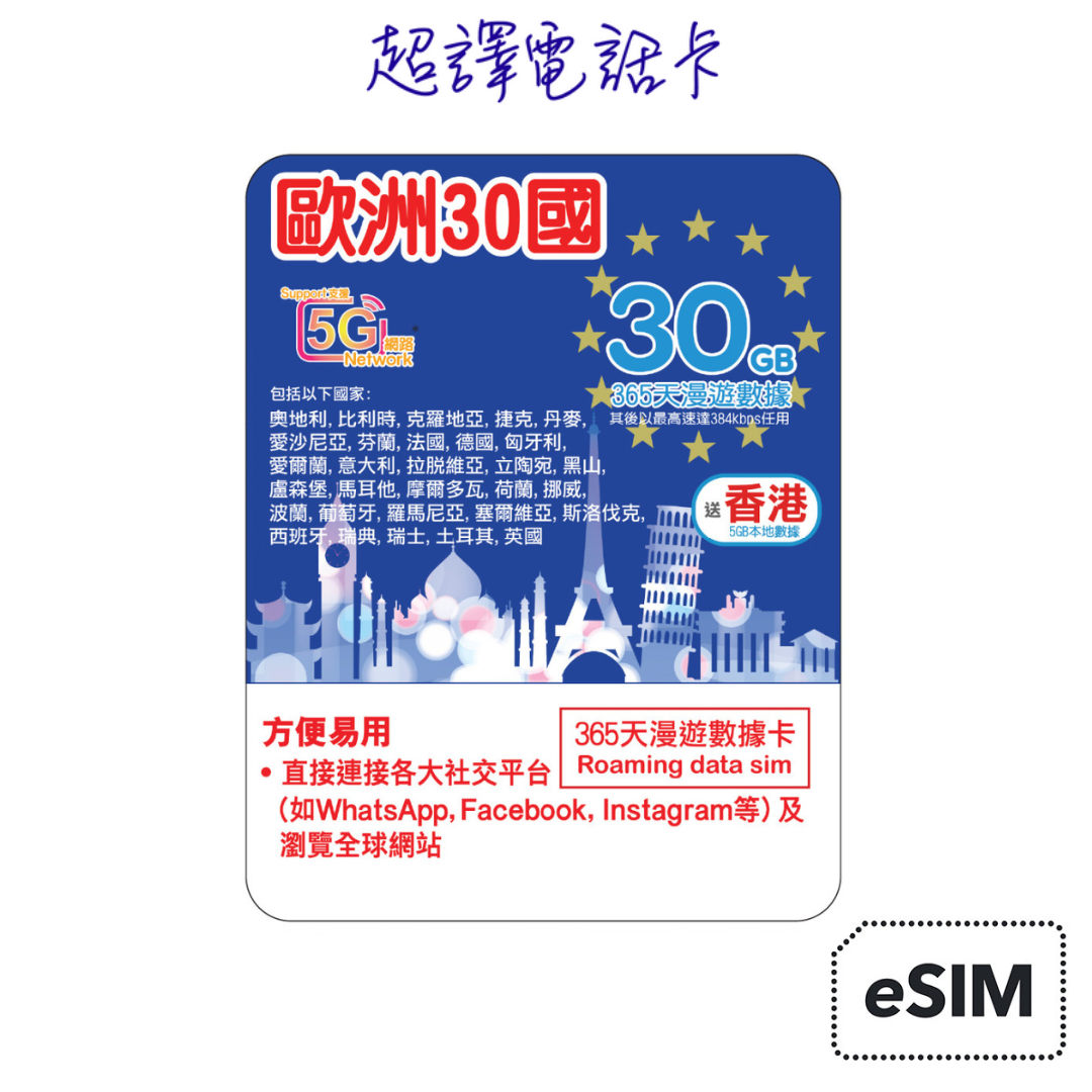 Lucky2【歐洲30國】5G/4G 30GB 數據年卡 365日 純數據 送5GB香港  eSIM (WhatsApp確認付款後直接發出)