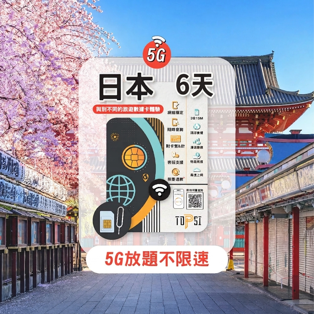 Topsi【日本】5G 5/7/8/10/15日 DOCOMO/SOFTBANK+KDDI 放題無限 上網卡