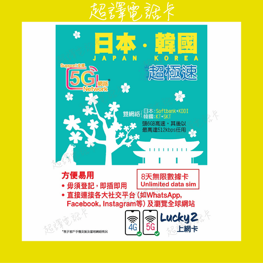 Lucky2【日本 韓國 】日韓 超極速 4G/5G LTE 8日無限數據卡