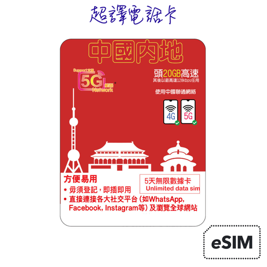 Lucky2【中國】5G/ 4G 20GB 5/8日 純數據 eSIM (WhatsApp確認付款後直接發出)