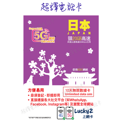 Lucky2【日本】5G/4G 5/8/10日 KDDI 高用量 FUP 無限數據卡 可選擇eSIM