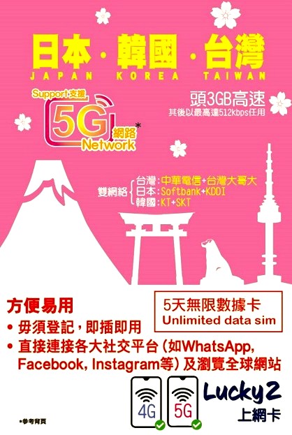 Lucky2【日本 韓國 台灣】日韓台 5G/4G 5日 3GB FUP 無限數據卡