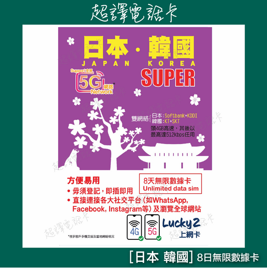 Lucky2【日本 韓國】 5G/4G LTE 8日 無限數據卡
