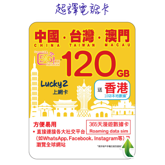 Lucky2 100GB升級至120GB 【中國 台灣 澳門 】中台澳 365日 純數據 漫遊年卡 送香港10GB (可選擇eSIM)