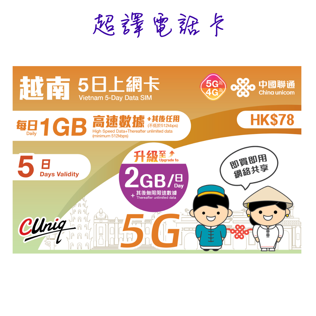 中國聯通【越南】5日 上網卡 (每日2GB高速其後任用數據 )